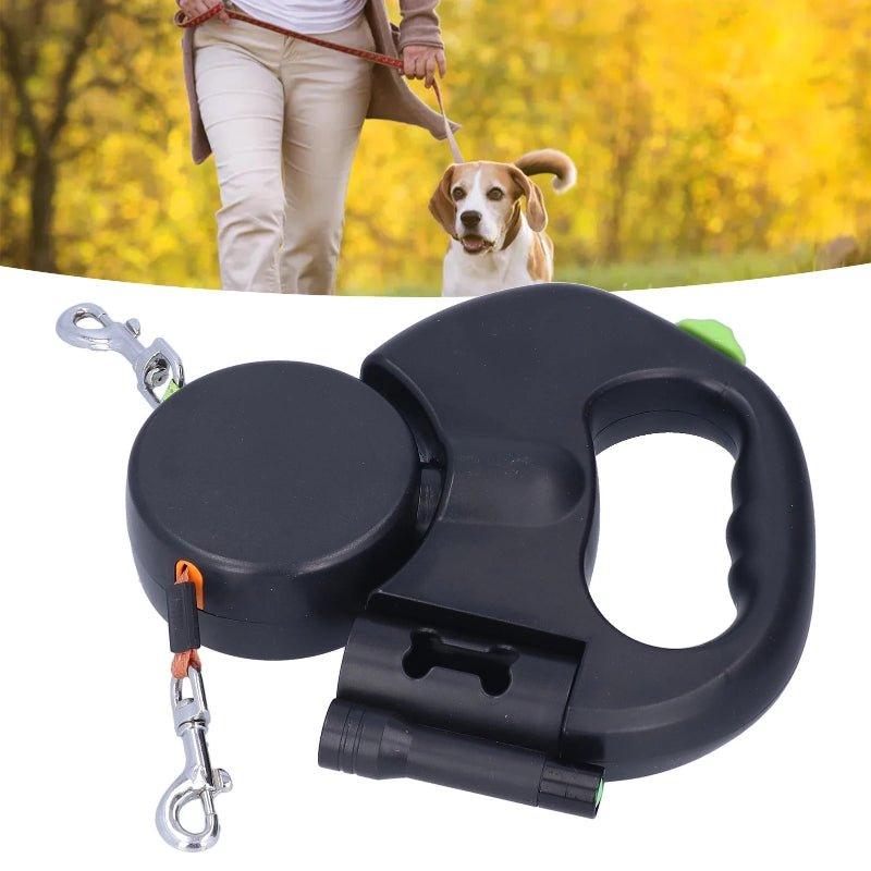 2 - in - 1 Retractable Double Dog Leash with LED Flashlight & Waste Bag Dispenser - TailTrove™