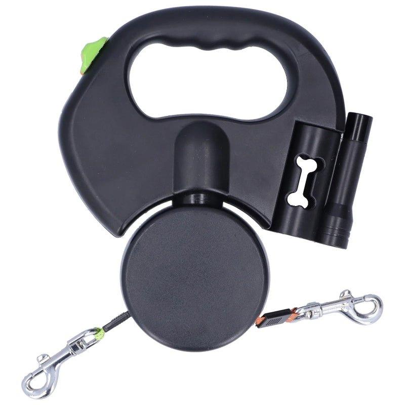 2 - in - 1 Retractable Double Dog Leash with LED Flashlight & Waste Bag Dispenser - TailTrove™