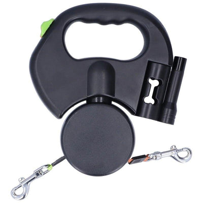 2 - in - 1 Retractable Double Dog Leash with LED Flashlight & Waste Bag Dispenser - TailTrove™