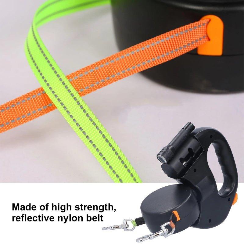 2 - in - 1 Retractable Double Dog Leash with LED Flashlight & Waste Bag Dispenser - TailTrove™