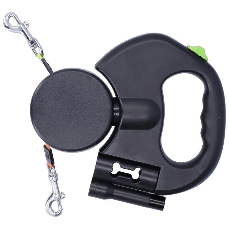 2 - in - 1 Retractable Double Dog Leash with LED Flashlight & Waste Bag Dispenser - TailTrove™