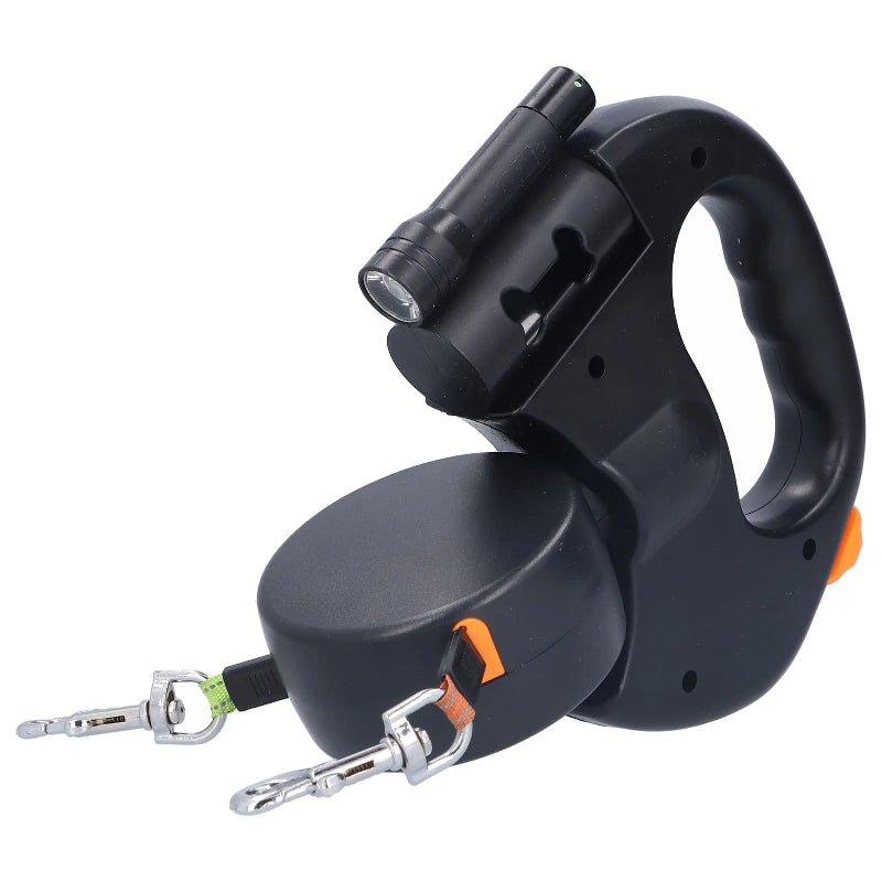 2 - in - 1 Retractable Double Dog Leash with LED Flashlight & Waste Bag Dispenser - TailTrove™